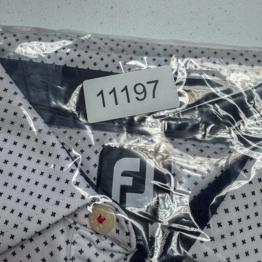 FootJoy Polo Shirt Mens Large White Micro Print‎ 1947 Lamp Post Golf Stretch Top
